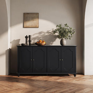 English Elm Vintage Farmhouse Sideboard with Curved Panel Doors Distressed White Entryway Credenza Black W1445P503520