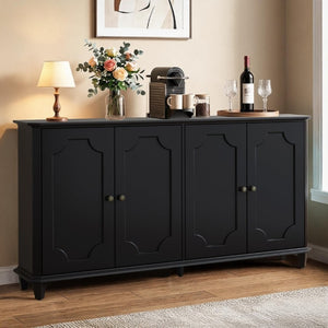 English Elm Vintage Farmhouse Sideboard with Curved Panel Doors Distressed White Entryway Credenza Black W1445P503520