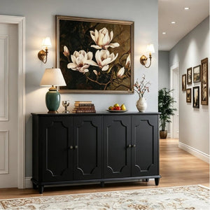 English Elm Vintage Farmhouse Sideboard with Curved Panel Doors Distressed White Entryway Credenza Black W1445P503520