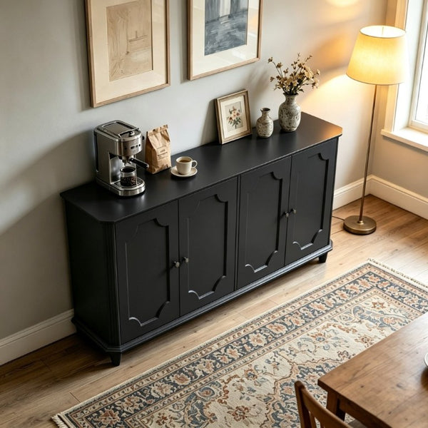 English Elm Vintage Farmhouse Sideboard with Curved Panel Doors Distressed White Entryway Credenza Black W1445P503520