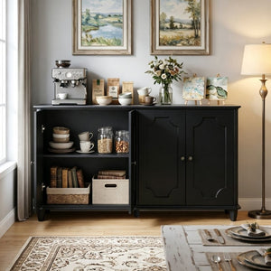 English Elm Vintage Farmhouse Sideboard with Curved Panel Doors Distressed White Entryway Credenza Black W1445P503520