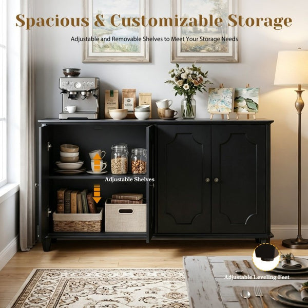 English Elm Vintage Farmhouse Sideboard with Curved Panel Doors Distressed White Entryway Credenza Black W1445P503520