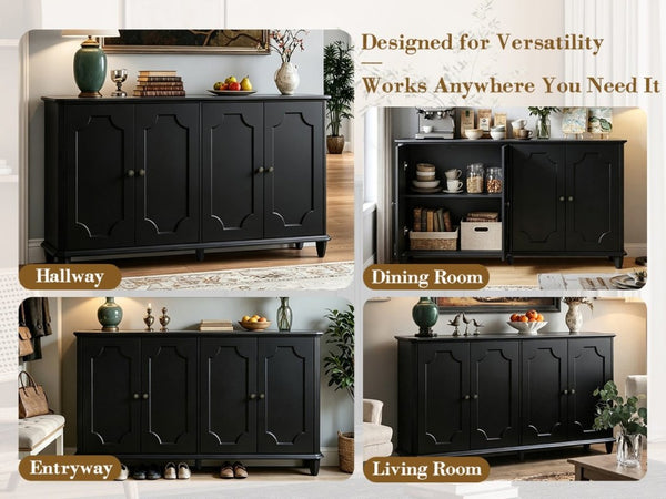 English Elm Vintage Farmhouse Sideboard with Curved Panel Doors Distressed White Entryway Credenza Black W1445P503520