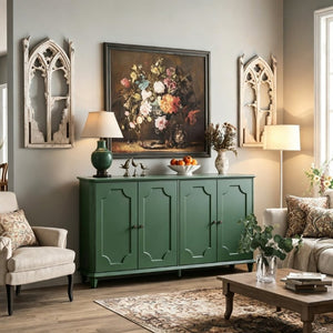 English Elm Green Sage Farmhouse Credenza with Four Raised Panel Doors and Carved Tapered Legs Green W1445P503521