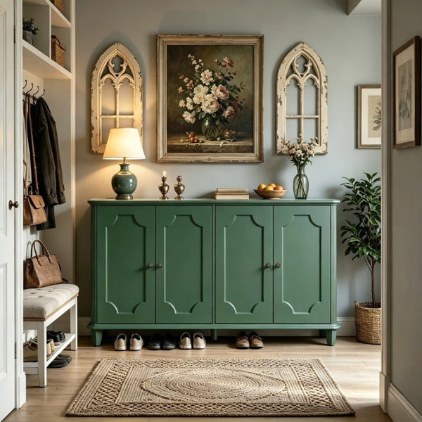 English Elm Green Sage Farmhouse Credenza with Four Raised Panel Doors and Carved Tapered Legs Green W1445P503521