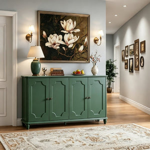 English Elm Green Sage Farmhouse Credenza with Four Raised Panel Doors and Carved Tapered Legs Green W1445P503521