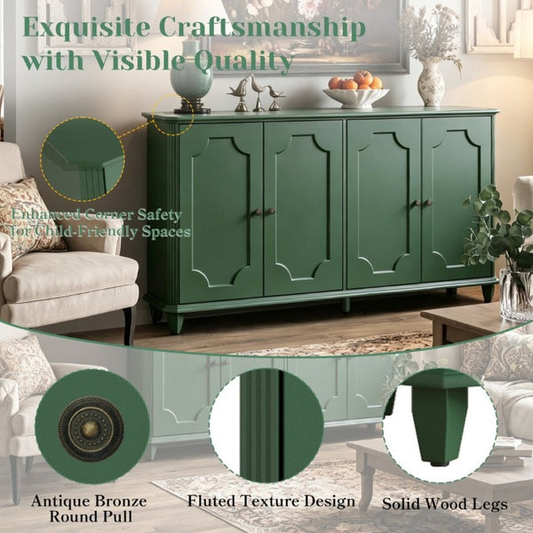 English Elm Green Sage Farmhouse Credenza with Four Raised Panel Doors and Carved Tapered Legs Green W1445P503521