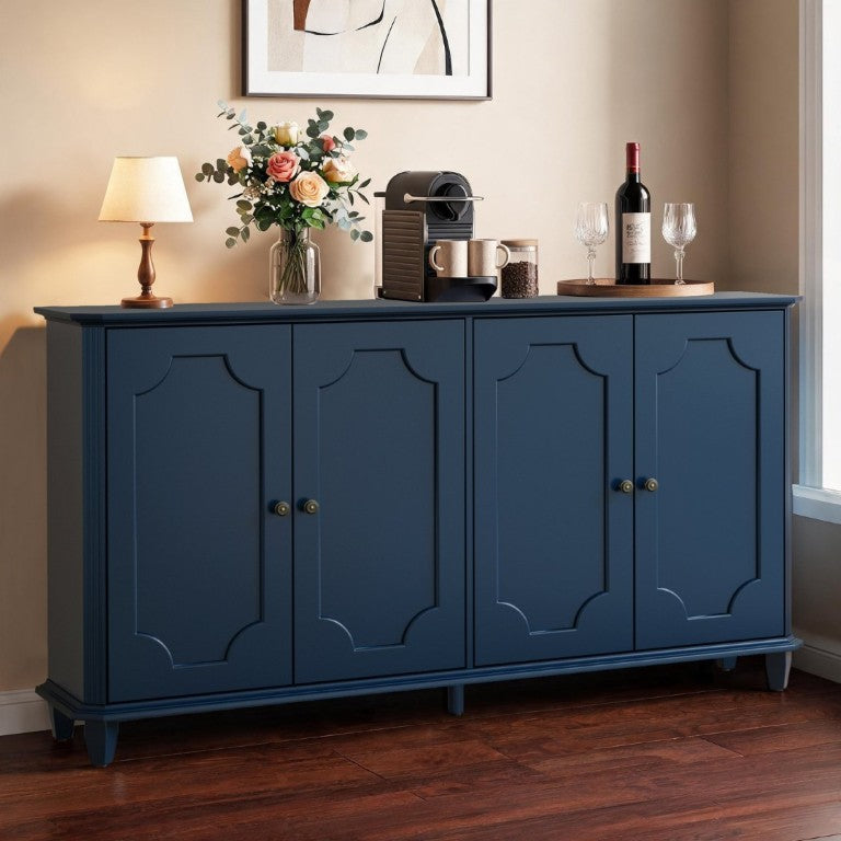 English Elm Green Sage Farmhouse Credenza with Four Raised Panel Doors and Carved Tapered Legs Blue W1445P503522