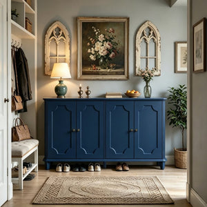 English Elm Green Sage Farmhouse Credenza with Four Raised Panel Doors and Carved Tapered Legs Blue W1445P503522
