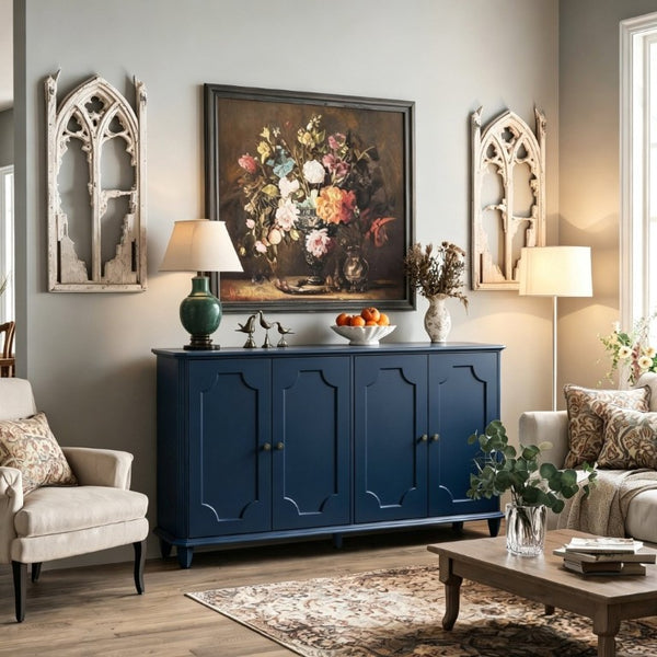 English Elm Green Sage Farmhouse Credenza with Four Raised Panel Doors and Carved Tapered Legs Blue W1445P503522