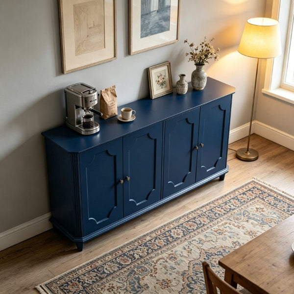 English Elm Green Sage Farmhouse Credenza with Four Raised Panel Doors and Carved Tapered Legs Blue W1445P503522