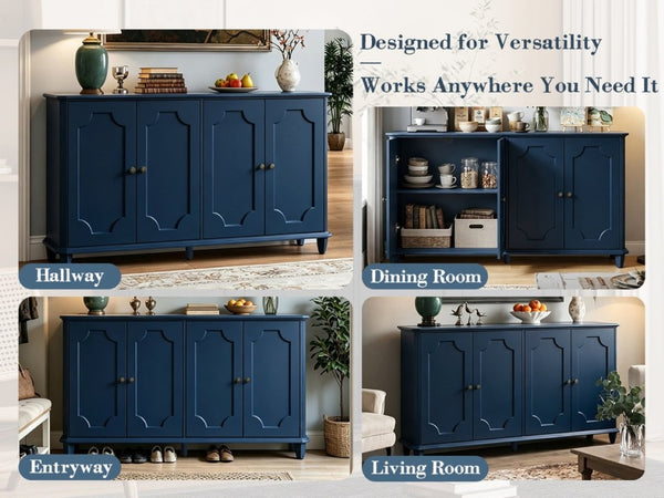 English Elm Green Sage Farmhouse Credenza with Four Raised Panel Doors and Carved Tapered Legs Blue W1445P503522