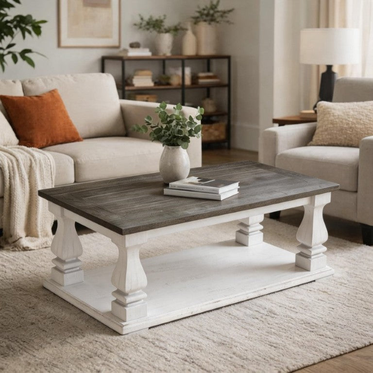 English Elm Rectangular Solid Wood Farmhouse Coffee Table Baluster Legs Whitewashed Plank Top Shelf Antique Dark Grey & White Washed W1445P505444