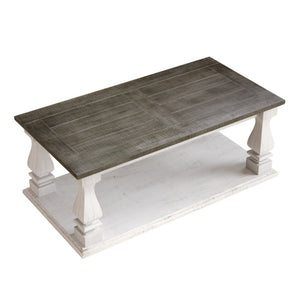 English Elm Rectangular Solid Wood Farmhouse Coffee Table Baluster Legs Whitewashed Plank Top Shelf Antique Dark Grey & White Washed W1445P505444