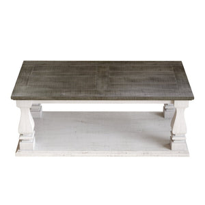 English Elm Rectangular Solid Wood Farmhouse Coffee Table Baluster Legs Whitewashed Plank Top Shelf Antique Dark Grey & White Washed W1445P505444