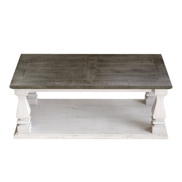 English Elm Rectangular Solid Wood Farmhouse Coffee Table Baluster Legs Whitewashed Plank Top Shelf Antique Dark Grey & White Washed W1445P505444