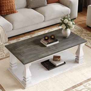 English Elm Rectangular Solid Wood Farmhouse Coffee Table Baluster Legs Whitewashed Plank Top Shelf Antique Dark Grey & White Washed W1445P505444