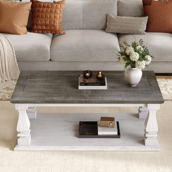 English Elm Rectangular Solid Wood Farmhouse Coffee Table Baluster Legs Whitewashed Plank Top Shelf Antique Dark Grey & White Washed W1445P505444