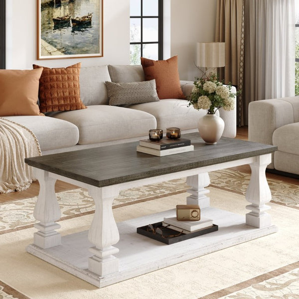 English Elm Rectangular Solid Wood Farmhouse Coffee Table Baluster Legs Whitewashed Plank Top Shelf Antique Dark Grey & White Washed W1445P505444