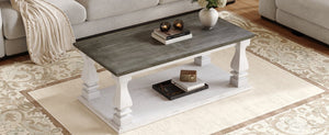 English Elm Rectangular Solid Wood Farmhouse Coffee Table Baluster Legs Whitewashed Plank Top Shelf Antique Dark Grey & White Washed W1445P505444
