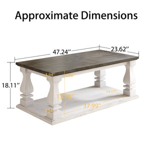 English Elm Rectangular Solid Wood Farmhouse Coffee Table Baluster Legs Whitewashed Plank Top Shelf Antique Dark Grey & White Washed W1445P505444