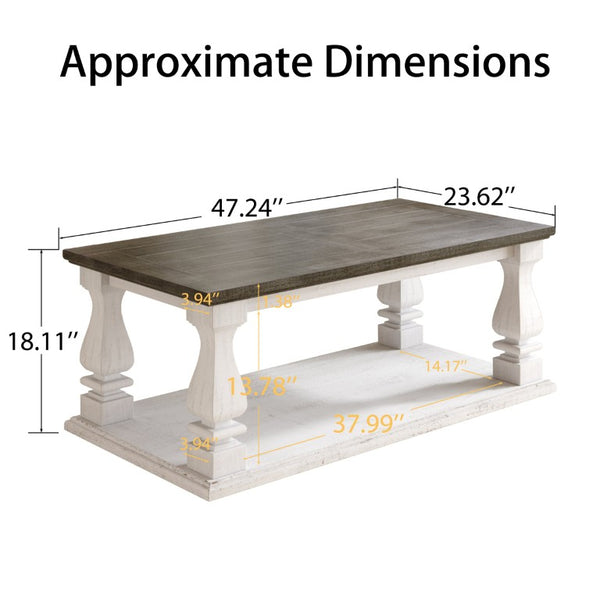 English Elm Rectangular Solid Wood Farmhouse Coffee Table Baluster Legs Whitewashed Plank Top Shelf Antique Dark Grey & White Washed W1445P505444