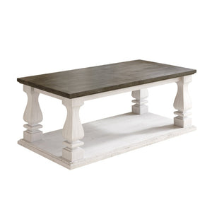 English Elm Rectangular Solid Wood Farmhouse Coffee Table Baluster Legs Whitewashed Plank Top Shelf Antique Dark Grey & White Washed W1445P505444