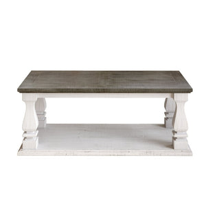 English Elm Rectangular Solid Wood Farmhouse Coffee Table Baluster Legs Whitewashed Plank Top Shelf Antique Dark Grey & White Washed W1445P505444