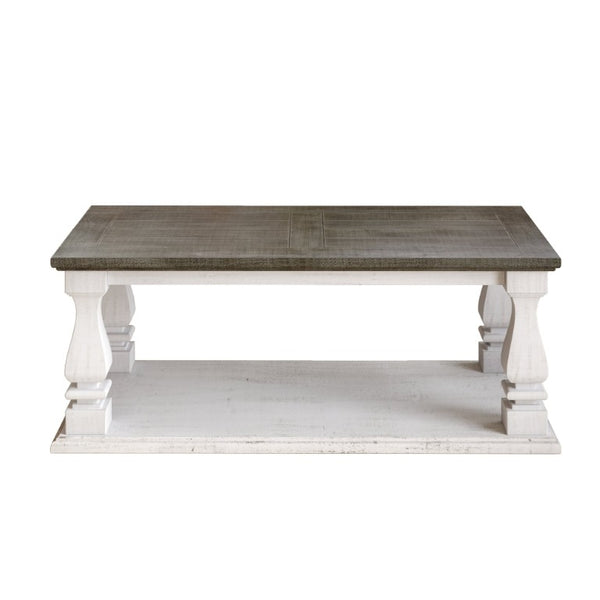 English Elm Rectangular Solid Wood Farmhouse Coffee Table Baluster Legs Whitewashed Plank Top Shelf Antique Dark Grey & White Washed W1445P505444