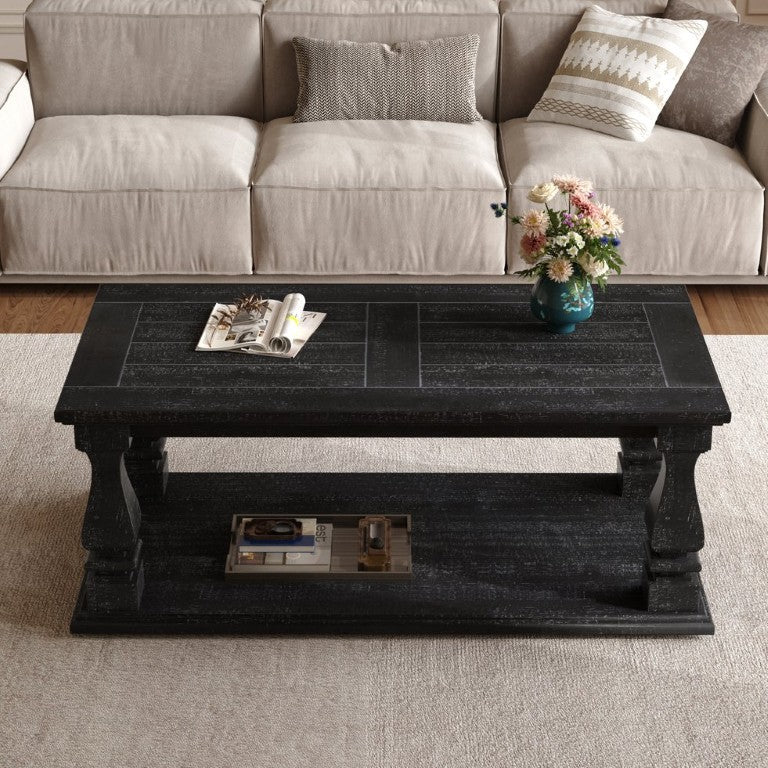 English Elm Weathered Black Solid Wood Farmhouse Coffee Table with Planked Top and Lower Storage Shelf W1445P505446