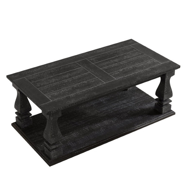 English Elm Weathered Black Solid Wood Farmhouse Coffee Table with Planked Top and Lower Storage Shelf W1445P505446