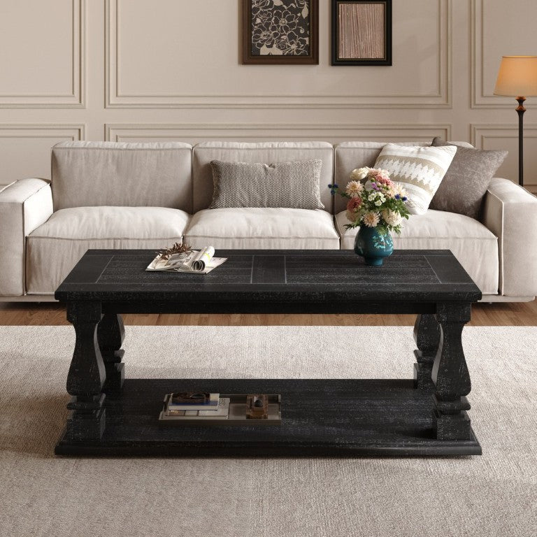 English Elm Weathered Black Solid Wood Farmhouse Coffee Table with Planked Top and Lower Storage Shelf W1445P505446
