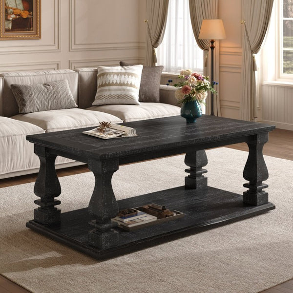 English Elm Weathered Black Solid Wood Farmhouse Coffee Table with Planked Top and Lower Storage Shelf W1445P505446