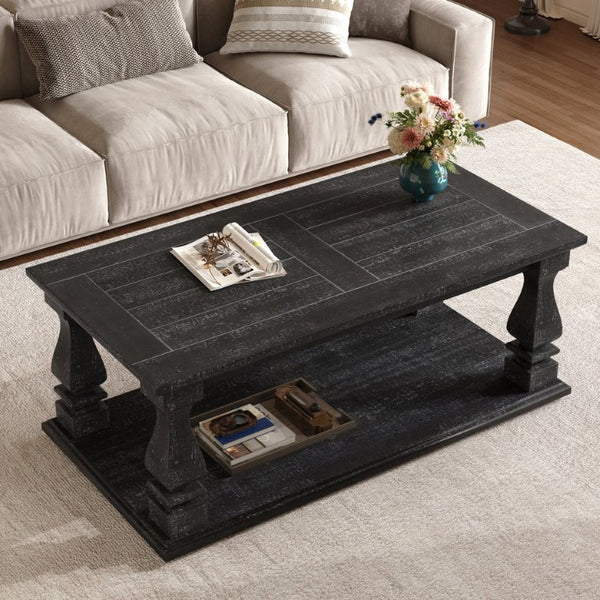 English Elm Weathered Black Solid Wood Farmhouse Coffee Table with Planked Top and Lower Storage Shelf W1445P505446