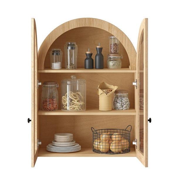 English Elm Arched Wood Veneer Floating Cabinet with Tempered Glass Doors for Bathroom or Living Room Natural W1445P512402