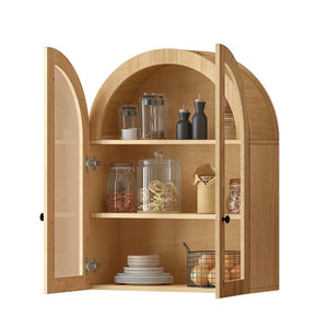 English Elm Arched Wood Veneer Floating Cabinet with Tempered Glass Doors for Bathroom or Living Room Natural W1445P512402