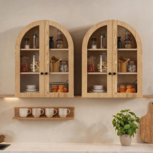 English Elm Arched Wood Veneer Floating Cabinet with Tempered Glass Doors for Bathroom or Living Room Natural W1445P512402
