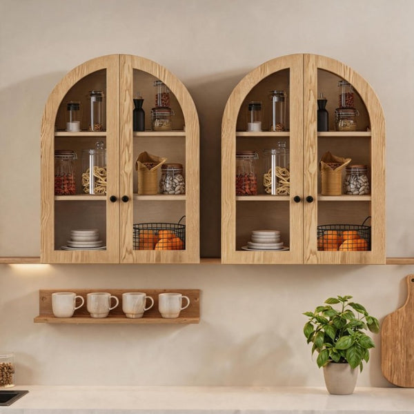 English Elm Arched Wood Veneer Floating Cabinet with Tempered Glass Doors for Bathroom or Living Room Natural W1445P512402