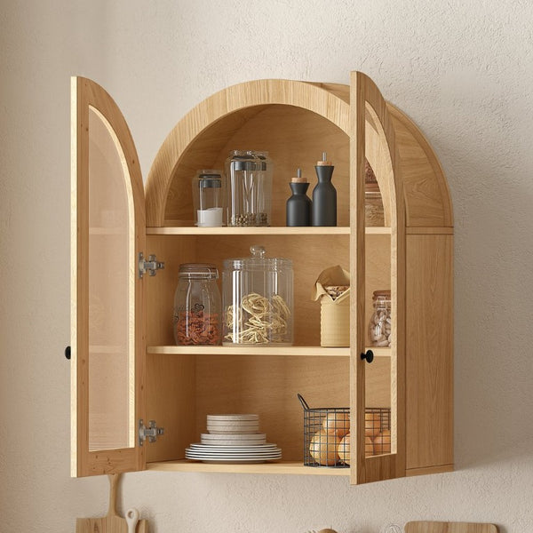 English Elm Arched Wood Veneer Floating Cabinet with Tempered Glass Doors for Bathroom or Living Room Natural W1445P512402