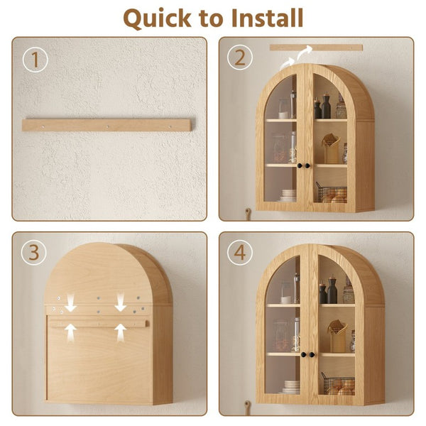 English Elm Arched Wood Veneer Floating Cabinet with Tempered Glass Doors for Bathroom or Living Room Natural W1445P512402