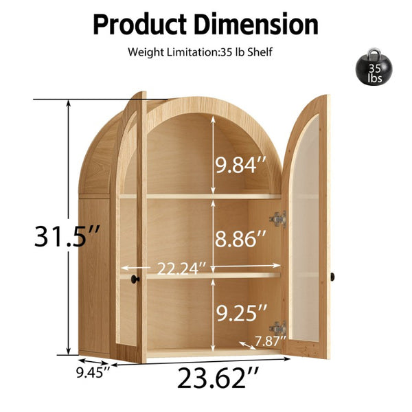 English Elm Arched Wood Veneer Floating Cabinet with Tempered Glass Doors for Bathroom or Living Room Natural W1445P512402