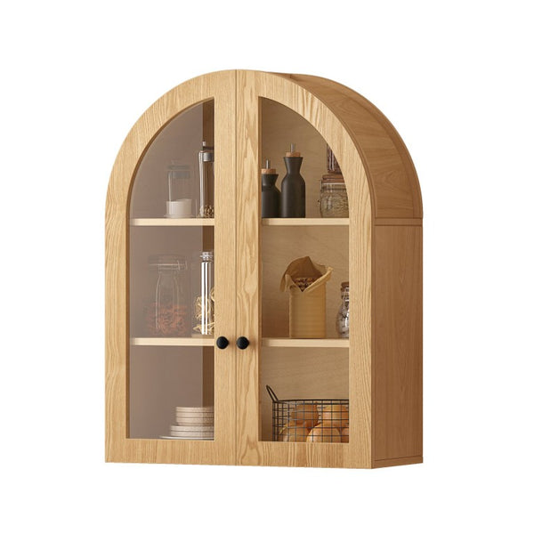 English Elm Arched Wood Veneer Floating Cabinet with Tempered Glass Doors for Bathroom or Living Room Natural W1445P512402