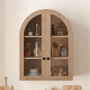 English Elm Arched Wood Veneer Floating Cabinet with Tempered Glass Doors for Bathroom or Living Room Light Brown W1445P512403