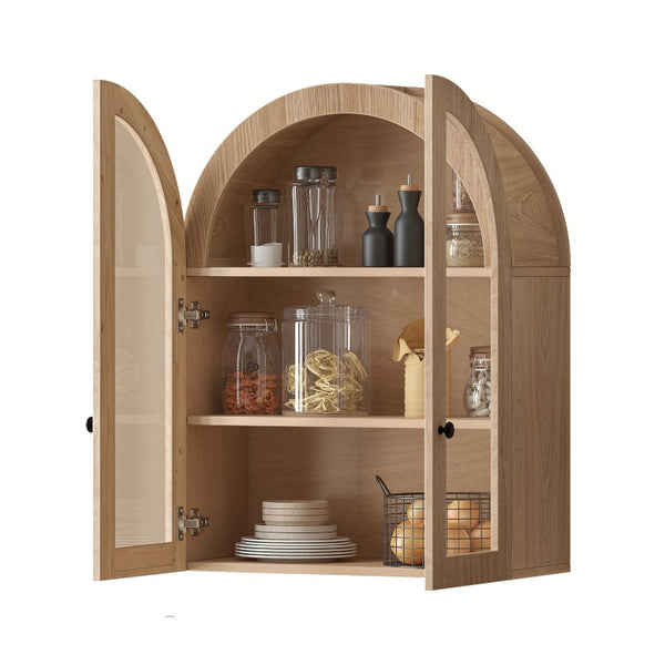 English Elm Arched Wood Veneer Floating Cabinet with Tempered Glass Doors for Bathroom or Living Room Light Brown W1445P512403