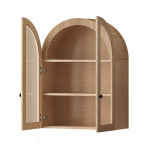 English Elm Arched Wood Veneer Floating Cabinet with Tempered Glass Doors for Bathroom or Living Room Light Brown W1445P512403