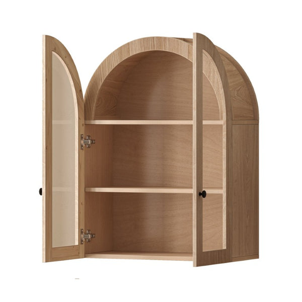 English Elm Arched Wood Veneer Floating Cabinet with Tempered Glass Doors for Bathroom or Living Room Light Brown W1445P512403