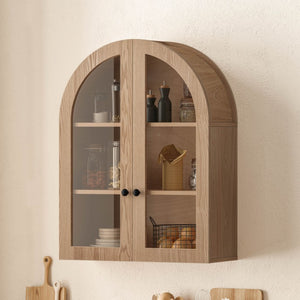 English Elm Arched Wood Veneer Floating Cabinet with Tempered Glass Doors for Bathroom or Living Room Light Brown W1445P512403
