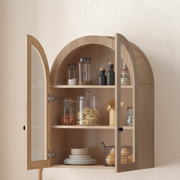 English Elm Arched Wood Veneer Floating Cabinet with Tempered Glass Doors for Bathroom or Living Room Light Brown W1445P512403