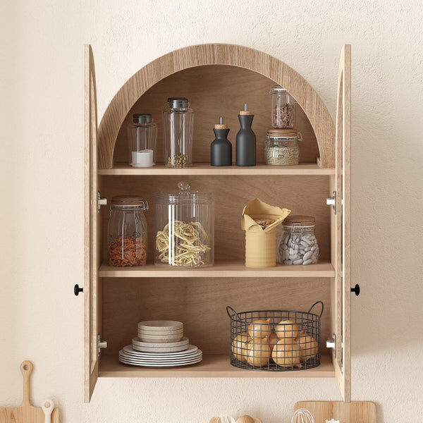 English Elm Arched Wood Veneer Floating Cabinet with Tempered Glass Doors for Bathroom or Living Room Light Brown W1445P512403