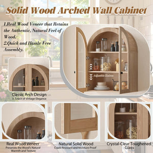 English Elm Arched Wood Veneer Floating Cabinet with Tempered Glass Doors for Bathroom or Living Room Light Brown W1445P512403
